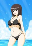  1girl absurdres bangs bikini black_eyes black_hair blue_sky blunt_bangs blush breast_hold breasts cleavage cloud cloudy_sky commentary_request day eyebrows_visible_through_hair front-tie_bikini front-tie_top frown girls_und_panzer highres hokahoka_niisan horizon large_breasts long_hair looking_at_viewer multi-strapped_bikini navel nishizumi_shiho o-ring o-ring_bikini ocean open_mouth outdoors sky solo standing straight_hair swimsuit 