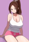  1girl absurdres bojack198 breasts brown_eyes brown_hair cleavage closed_mouth dolphin_shorts drawstring fatal_fury high_ponytail highres large_breasts motoyui official_alternate_costume pink_shorts ponytail purple_background shiranui_mai shorts simple_background sitting smile solo street_fighter street_fighter_6 tank_top white_tank_top 