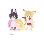  1boy 2girls animal_ears arknights black_hair blonde_hair drying drying_hair fox_boy fox_ears fox_girl fox_tail green_eyes hair_dryer highres kitsune kyuubi long_hair multicolored_hair multiple_girls multiple_tails simple_background streaked_hair suzuran&#039;s_father_(arknights) suzuran_(arknights) tail vulpisfoglia_(arknights) white_background yuec 