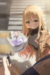  1boy 1girl absurdres applepie_(12711019) black_sweater blonde_hair blurry blurry_background blush box brown_coat cake coat crosswalk dark_skin food gojou_wakana gradient_hair green_eyes highres holding holding_box kitagawa_marin long_hair looking_at_viewer multicolored_hair outdoors plaid_clothes plaid_coat plaid_skirt pov road skirt smile sono_bisque_doll_wa_koi_wo_suru straight_hair street sweater very_long_hair 