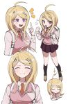 1girl :d ahoge akamatsu_kaede backpack bag bangs beamed_eighth_notes black_legwear blonde_hair blush breasts clenched_hands closed_eyes closed_mouth collared_shirt commentary_request cropped_torso danganronpa_(series) danganronpa_v3:_killing_harmony eighth_note full_body hair_ornament hand_up hands_up highres kneehighs large_breasts long_hair long_sleeves looking_at_viewer medium_breasts miniskirt multiple_views musical_note musical_note_hair_ornament necktie omochi_ksw open_mouth pink_sweater_vest pink_vest pleated_skirt pout school_uniform shirt shoes simple_background skirt smile standing sweater_vest upper_body vest white_background white_shirt 