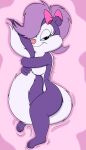  3_toes 4_fingers absurd_res accessory anthro asiagosandwich blue_sclera dakimakura_design feet female fifi_la_fume fingers fur hair hair_accessory hair_bow hair_ribbon hi_res mammal mephitid purple_body purple_fur purple_hair ribbons skunk solo tiny_toon_adventures toes warner_brothers white_body white_fur 