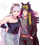  2girls :d absurdres animal_ears arm_around_shoulder bare_shoulders belt black_coat black_hat black_pants black_shirt blunt_bangs breasts chain closed_mouth coat commentary cosplay cowboy_shot ear_covers ears_through_headwear english_commentary eye_contact fenomeno_(umamusume) gakuran gold_chain gold_ship_(umamusume) grey_hair grey_pants hand_in_pocket hat high_collar highres horse_ears horse_girl horse_tail horseshoe_hat_ornament horseshoe_ornament jean_pierre_polnareff jean_pierre_polnareff_(cosplay) jojo_no_kimyou_na_bouken kujo_jotaro kujo_jotaro_(cosplay) long_coat long_hair looking_at_another medium_breasts miengplazabzab multicolored_belt multiple_belts multiple_girls muscular muscular_female open_clothes open_coat pants peaked_cap pillbox_hat pink_eyes school_uniform shirt shirt_tucked_in sleeveless sleeveless_shirt smile standing tail trait_connection umamusume v-shaped_eyebrows wristband 