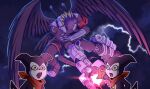  1boy absurdres bandana bandana_around_neck beelzebumon beelzebumon_blast_mode black_jacket black_pants black_wings blonde_hair boots demon_boy digimon digimon_(creature) feathered_wings gloves gun highres impmon jacket mask meme open_mouth pants purple_fur red_bandana red_gloves shenani tail third_eye two_soyjaks_pointing_(meme) weapon wings 