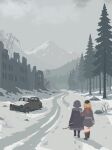 2girls absurdres armband black_coat black_gloves black_hat blonde_hair bolt_action boots building car coat combat_helmet commentary english_commentary from_behind fur-trimmed_coat fur_trim garrison_cap girls&#039;_frontline gloves gun hand_on_another&#039;s_shoulder hat helmet highres holding holding_gun holding_weapon jacket jacket_on_shoulders kar98k_(girls&#039;_frontline) mauser_98 motor_vehicle mountain mp40_(girls&#039;_frontline) multiple_girls red_armband red_scarf rifle ruins scarf scenery shell_81mm snow stahlhelm tree weapon white_hair winter 
