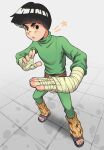  1boy bandaged_arm bandaged_hand bandages belt black_eyes black_hair blunt_bangs blush bodysuit bowl_cut fighting_stance from_above full_body green_bodysuit highres leg_warmers looking_at_viewer male_focus martial_arts naruto_(classic) naruto_(series) orange_leg_warmers parted_lips red_belt rock_lee sandals short_hair solo thick_eyebrows tile_floor tiles trano_613 