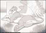  anus artonis avian beak clitoral_hood digital_media_(artwork) feathered_wings feathers feet female feral fur genitals gryphon hi_res line_art lying mammal membrane_(anatomy) membranous_wings monochrome mythological_avian mythological_creature mythology on_side pawpads paws simple_background smile solo tail toes vulva wings 