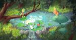  absurdres commentary day eye_contact gen_3_pokemon grass highres huge_filesize lily_pad looking_at_another mudkip no_humans outdoors pokemon pokemon_(creature) pond ricardo_contreras rock sitting standing starter_pokemon_trio torchic treecko water 