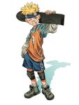  1boy alternate_costume bandaid bandaid_on_cheek bandaid_on_face bandaid_on_nose blonde_hair blue_eyes blue_shorts blue_sleeves facial_mark full_body grey_shoes grin hand_in_pocket headband highres holding holding_skateboard jersey knee_pads male_focus naruto_(series) one_eye_closed orange_shirt shirt shirt_under_shirt shoes short_hair shorts skateboard smile socks solo spiked_hair standing teeth trano_613 uzumaki_naruto whisker_markings white_background white_shirt white_socks 