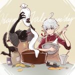  1girl alisaie_leveilleur apron baking bowl cake elezen elf final_fantasy final_fantasy_xiv food ga_bu highres icing jewelry kobold looking_at_another pointy_ears red_eyes short_hair silver_hair single_earring smile tail user_fxdt5787 valentine visor whisk whiskers 