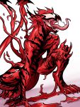  3:4 alien black_markings carnage_(marvel) claws digital_media_(artwork) dragon fingers hair hi_res horn humanoid male markings marvel maxspite mythological_creature mythological_scalie mythology nude open_mouth red_body scalie sharp_teeth simple_background solo tail teeth tendrils tongue tongue_out 