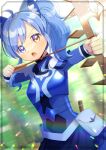  1girl :o ahoge animal_ear_fluff animal_ears armor arrow_(projectile) blue_eyes blue_hair blurry blurry_background bow_(weapon) braid breastplate brown_eyes commentary_request commission day depth_of_field heterochromia holding holding_arrow holding_bow_(weapon) holding_weapon kou_hiyoyo original outdoors ponytail skeb_commission solo weapon 