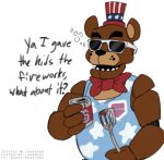  2021 ? alcohol animatronic anthro beer beverage beverage_can black_nose bow_tie brown_ears can clothed clothing dialogue drunk english_text eyewear firework_freddy_(fnaf) five_nights_at_freddy&#039;s five_nights_at_freddy&#039;s_ar freddy_(fnaf) glasses hat headgear headwear hi_res humor machine male mammal multicolored_ears open_mouth patriotic_clothing question robot rosadoge sharp_teeth shirt simple_background solo spatula standing star substance_intoxication tank_top teeth text tools top_hat topwear two_tone_ears ursid video_games white_background 