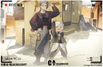  1girl 2boys absurdres animal_ears black_jacket black_shirt blood blue_eyes building cat_boy cat_ears closed_eyes copyright_name door grey_hair grey_pants highres jacket long_hair luo_xiaohei luo_xiaohei_(human) luo_xiaohei_zhanji luye_(the_legend_of_luoxiaohei) multiple_boys nosebleed open_mouth pants print_shirt shadow shirt short_hair sitting smile standing the-blacklight viewfinder white_hair wide_shot wuxian_(the_legend_of_luoxiaohei) 
