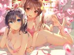  2girls absurdres animal_ears apron ass bangs bare_arms bare_legs bare_shoulders bed blue_eyes blue_hair blush breasts brown_hair bunny_ears cleavage closed_mouth collarbone commentary_request dated day fake_animal_ears feet_up hair_ornament happy_new_year head_rest headband heart highres indoors large_breasts looking_at_viewer lying medium_breasts multiple_girls new_year on_bed on_stomach original panties pillow pink_apron pink_panties pink_ribbon ribbon short_hair smile soles stuffed_animal stuffed_toy sweat the_pose towel underwear underwear_only user_mcex2738 white_panties window yuri 