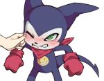  bandana bandana_around_neck blush cheek_pinching digimon digimon_(creature) disembodied_hand gloves green_eyes impmon one_eye_closed pinching purple_fur red_bandana red_gloves simple_background solo_focus tail twincomplex white_background 