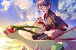  1girl :d absurdres backpack bag bangs brown_bag cloud collaboration commentary_request day dynamax_band flygon gen_3_pokemon glasses gloves hand_up highres holding holding_poke_ball jacket miyama-san open_mouth outdoors partially_fingerless_gloves poke_ball poke_ball_(basic) pokemon pokemon_(creature) pon_yui riding_pokemon short_hair single_glove skirt sky smile tongue zipper_pull_tab 