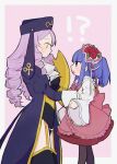  2girls age_difference aged_down ascot back_bow bakara_(19083210) black_coat black_hat black_leotard black_pantyhose black_thighhighs blue_eyes blue_hair blush border bow breasts chromatic_aberration closed_mouth coat dlanor_a._knox drill_hair fang film_grain flower furudo_erika gold_trim hat hat_flower hat_ribbon large_breasts leotard lifting_person long_hair long_sleeves multiple_girls open_clothes open_coat open_mouth outside_border pantyhose pink_background pink_bow pink_hair pink_hat pink_ribbon pink_skirt red_flower red_rose ribbon rose shirt sidelocks simple_background skirt sweat thighhighs umineko_no_naku_koro_ni white_ascot white_border white_ribbon white_shirt wide_sleeves yellow_eyes 
