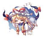  1girl armband artist_name blonde_hair blush bow chibi closed_eyes commentary_request dress eyebrows_visible_through_hair gap_(touhou) hair_bow hat hat_ribbon highres long_hair long_sleeves mob_cap mouth_drool open_mouth pudding_(skymint_028) red_bow red_ribbon ribbon sleeping solo star_(symbol) touhou white_dress white_headwear yakumo_yukari 