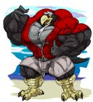  2020 4_fingers 4_toes absurd_res anthro avian barefoot beak big_muscles big_pecs bottomwear chest_tuft clothing feet fierglief fingers flexing gesture hi_res huge_muscles huge_pecs hyper hyper_muscles jacket male muscular muscular_anthro muscular_male open_mouth pants pecs solo thumbs_up toes topwear torn_clothing tuft 