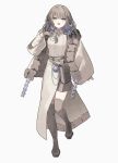  1girl absurdres boots brown_boots brown_coat brown_gloves brown_hair coat commentary commission fingerless_gloves full_body gloves hair_ornament hand_up hashtag-only_commentary highres long_hair long_sleeves looking_at_viewer open_mouth original pouch simple_background solo standing takaya_riku thigh_boots white_background wide_sleeves yellow_eyes 