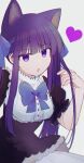  1girl alternate_hairstyle animal_ears bakara_(19083210) black_dress blue_bow blue_bowtie blue_ribbon blunt_bangs bow bowtie breasts buttons cat_ears dress film_grain frederica_bernkastel grey_background hair_ribbon hand_in_own_hair heart medium_breasts open_mouth purple_eyes purple_hair ribbon sidelocks simple_background solo twintails umineko_no_naku_koro_ni upper_body 