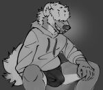 5_fingers anthro black_briefs black_clothing black_nose black_underwear bodily_fluids briefs bulge clothed clothing fingers genital_fluids hair hair_over_eye hi_res hidden_eyes hoodie hyena male mammal monochrome picantetortuga precum precum_through_clothing precum_through_underwear smile solo teeth teeth_showing topwear underwear wet wet_clothing