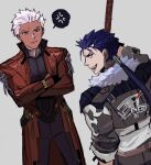  2boys anger_vein archer_(fate) archer_(honkai:_star_rail)_(fate) baragi blue_hair coat crossed_arms cu_chulainn_(honkai:_star_rail)_(fate) dark-skinned_male dark_skin earrings fate/stay_night fate_(series) fur-trimmed_jacket fur_trim gae_bolg_(fate) grey_background grey_eyes hair_tubes highres holding holding_polearm holding_weapon honkai:_star_rail honkai_(series) jacket jewelry long_hair long_sleeves looking_at_viewer looking_back male_focus multiple_boys open_mouth pants polearm ponytail red_coat red_eyes shirt short_hair simple_background single_hair_tube smile spiked_hair spoken_anger_vein weapon white_hair 