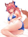  1girl animal_ear_fluff animal_ears bikini blue_bikini blue_ribbon blush breasts cleavage collarbone eyebrows_visible_through_hair fate/grand_order fate_(series) fox_ears fox_girl fox_tail hair_ribbon hand_on_own_chest highres large_breasts long_hair looking_at_viewer open_mouth pink_hair ponytail ribbon sabi_(rupf2384) simple_background solo swimsuit tail tamamo_(fate)_(all) tamamo_no_mae_(fate) white_background yellow_eyes 