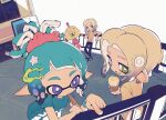  1boy 1other 2girls against_railing black_hair blonde_hair blue_eyes blue_hair blue_shirt colored_tongue eating ebifurai_(15121299912) eyebrow_cut fang film_grain food food_in_mouth gradient_hair green_eyes hair_ornament hair_scrunchie heterochromia highres holding holding_ice_cream_cone ice_cream ice_cream_cone inkling inkling_girl inkling_player_character long_pointy_ears medium_hair mouth_hold multicolored_hair multiple_girls octoling octoling_boy octoling_girl octoling_player_character open_mouth pantyhose parted_bangs pointing pointy_ears ponytail popsicle popsicle_in_mouth railing red_scrunchie scrunchie shirt short_sleeves smile splatoon_(series) splatoon_3 star_(symbol) star_hair_ornament t-shirt tentacle_hair white_pantyhose wristband yellow_eyes yellow_shirt yellow_tongue 