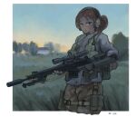  1girl brown_hair gloves gun highres holding holding_gun holding_weapon mechanical_arms military_combat_uniform military_uniform open_mouth original prosthesis prosthetic_arm rifle scope single_mechanical_arm sniper_rifle solo taco_xd69 trigger_discipline weapon 