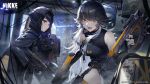  2girls belt black_cloak black_hair black_shirt breasts c4 cloak closed_mouth commentary_request d_(nikke) dual_wielding explosive frown goddess_of_victory:_nikke gun highres holding holding_gun holding_weapon hood hooded_cloak indoors k_(nikke) large_breasts long_hair long_sleeves multicolored_hair multiple_girls official_art open_mouth perilous_siege_(nikke) red_eyes second-party_source shirt teeth tongue weapon white_hair yellow_eyes 