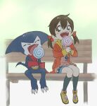  1girl ai_(digimon_tamers) bandana bandana_around_neck bench black_socks blue_shorts brown_eyes brown_hair candy closed_eyes digimon digimon_(creature) food gloves holding holding_candy holding_food holding_lollipop impmon jacket lollipop open_clothes open_jacket open_mouth orange_jacket park_bench pink_shirt purple_fur red_bandana red_gloves shinbiko shirt shoes short_shorts short_twintails shorts sitting socks swirl_lollipop tail twintails yellow_shoes 