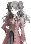  1girl absurdres black_bow black_hair black_skirt blue_eyes bow brown_vest closed_mouth fate_(series) hair_bow hand_on_own_hip highres jacket long_hair luozhou_pile parted_bangs red_jacket red_ribbon ribbon shirt skirt solo tohsaka_rin twintails vest white_shirt 