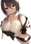  1girl arm_under_breasts azur_lane baltimore_(azur_lane) baltimore_(black_ace)_(azur_lane) bandaid bangs bare_shoulders black_hair black_jacket black_shorts blush braid breasts brown_eyes choker cleavage closed_mouth collarbone exe_(xe) eyebrows_visible_through_hair hair_between_eyes jacket large_breasts long_sleeves looking_at_viewer off_shoulder open_clothes open_jacket shirt short_hair short_shorts shorts simple_background solo sweat sweatdrop wet wet_clothes wet_shirt white_background white_shirt 