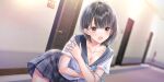  1girl aqua_ribbon bent_over black_hair black_sailor_collar black_skirt blue_reflection_(series) blue_reflection_sun blurry blurry_background blush bra bra_strap breasts brown_eyes cleavage collarbone covering_breasts covering_privates cowboy_shot door game_cg hallway highres jewelry kishida_mel looking_at_viewer medium_breasts non-web_source official_art open_mouth plaid_clothes plaid_skirt ribbon ring sailor_collar school_uniform serafuku shirai_hinako shirt short_hair skirt small_sweatdrop solo surprised underwear untied_ribbon white_bra white_shirt 