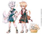  2boys aged_down animal_ears antenna_hair arm_tattoo black_choker black_shirt black_shorts blonde_hair blue_eyes braid cat_ears cat_tail chest_tattoo chibi choker commentary_request dada_dain dog_boy dog_ears dog_tail facial_tattoo gradient_hair grey_shirt hadanugi_dousa hair_between_eyes highres honkai:_star_rail honkai_(series) korean_commentary male_focus multicolored_hair multiple_boys mydei_(a_trail_of_bygone_blood)_(honkai:_star_rail) mydei_(honkai:_star_rail) official_alternate_costume parted_bangs phainon_(a_dream_scented_in_wheat)_(honkai:_star_rail) phainon_(honkai:_star_rail) red_hair red_tattoo shirt short_hair shorts side_braid simple_background sleeveless sleeveless_shirt tail tail_wagging tattoo torn_clothes torn_shirt white_background white_hair yellow_eyes 