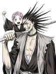  1boy 1girl bandaged_chest black_choker black_hair black_kimono bleach choker clenched_hand eyepatch grin hand_up haori highres japanese_clothes kimono kusajishi_yachiru long_hair over_shoulder parted_bangs pink_eyes pink_hair scar scar_across_eye scar_on_face shihakusho shinigami short_hair smile spiked_hair taichou_haori teeth torn_clothes torn_sleeves trano_613 weapon weapon_over_shoulder white_background zanpakutou zaraki_kenpachi 