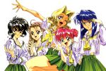  1990s_(style) 5girls arm_up black_eyes black_hair blonde_hair blue_eyes blue_hair bob_cut braid braided_bun brown_hair cindy_sakurai dice graduation_(series) green_skirt hair_bun hand_on_own_hip interlocked_fingers inuzuka_saori ishibashi_misako long_hair long_sleeves midriff_peek miniskirt multiple_girls neckerchief non-web_source official_art one_eye_closed open_mouth outstretched_arm rectangular_eyewear red_eyes retro_artstyle rimless_eyewear school_uniform short_hair simple_background skirt smile sotsugyou_ii:_neo_generation standing takei_masaki tani_yurika white_background yasuda_maina 