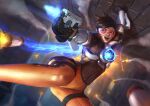  1girl absurdres brown_hair energy_gun firing goggles highres looking_to_the_side missile open_mouth orange_pants overwatch pants short_hair skin_tight solo tracer_(overwatch) weapon wee_kiat_goh 