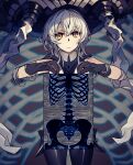  1girl abyssal_ship bodysuit bone commentary_request grey_hair guouuu headgear highres holding kantai_collection long_hair looking_at_viewer otome_kaibou_(vocaloid) pale_skin revision short_hair skeleton smile solo standing tentacles wo-class_aircraft_carrier x-ray_film yellow_eyes 
