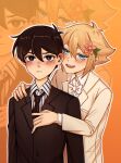  2boys alternate_costume antenna_hair artist_name basil_(faraway)_(omori) basil_(omori) black_eyes black_hair black_necktie black_suit blonde_hair blue_eyes blush bow bowtie bright_pupils closed_mouth collared_shirt double-parted_bangs flower hair_flower hair_ornament hand_on_another&#039;s_shoulder highres krerue long_sleeves looking_at_viewer male_focus multiple_boys necktie omori open_mouth shirt short_hair suit sunny_(omori) teeth white_bow white_bowtie white_pupils white_suit zoom_layer 
