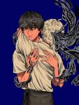  2boys ahoge black_hair black_pants blue_background collared_shirt grey_eyes hair_between_eyes highres hikaru_ga_shinda_natsu hug indou_hikaru male_focus multiple_boys pants parted_lips school_uniform shirt short_hair sweat trano_613 tsujinaka_yoshiki upper_body white_hair white_shirt yaoi 