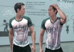  2boys abs black_eyes black_hair clothes_writing commentary english_commentary green_sleeves hand_on_own_head highres hwang_in-ho looking_at_another male_focus multiple_boys pectorals print_shirt see-through_clothes see-through_shirt seong_gi-hun shirt short_hair speech_bubble squid_game talking thought_bubble toned toned_male two-tone_shirt upper_body walking wet wet_clothes wet_shirt white_shirt wildwerewolf 