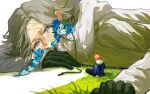  2boys ahoge aotsuki_eito black_gloves blue_flower blue_jacket chinese_commentary drawstring flower flower_in_clothes glasses gloves grey_hair grey_jacket head_on_arm highres hood hoodie jacket jacket_over_hoodie looking_at_another lying male_focus mini_person miniboy multicolored_jacket multiple_boys on_grass on_ground on_stomach purple_eyes red_hair short_hair sitting size_difference sumino_takumi the_hundred_line_-last_defense_academy- two-tone_jacket white_hoodie white_jacket xiamulin223311 