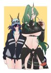  2girls arknights black_jacket blue_hair breasts ch&#039;en_(arknights) ch&#039;en_the_holungday_(arknights) clothes_around_waist cup disposable_cup dragon_girl dragon_horns drinking_straw glaring green_hair hair_between_eyes hat highres hisaki_(morenabe) holding holding_cup horns hoshiguma_(arknights) hoshiguma_(seeker)_(arknights) jacket jacket_around_waist large_breasts long_hair long_sleeves looking_at_viewer multiple_girls navel official_alternate_costume ponytail red_eyes shaded_face single_horn skin-covered_horns stomach swimsuit underboob very_long_hair yellow_background 
