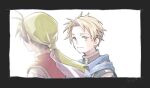  2boys antenna_hair artist_name bandana black_border black_hair blonde_hair blue_scarf border brown_eyes closed_mouth gensou_suikoden gensou_suikoden_i gold_trim green_bandana looking_at_another male_focus michibata_65 multiple_boys parted_bangs red_tube_top scarf shirt short_hair strapless ted_(suikoden) tir_mcdohl tube_top upper_body white_background white_shirt 