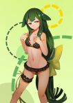  1girl 3four bare_shoulders bikini black_bikini bow breasts frilled_bikini frills gatchaman_crowds green_eyes green_hair groin hair_bow leg_garter long_hair looking_at_viewer low-tied_long_hair miya_utsutsu navel ribbon small_breasts solo swimsuit very_long_hair 