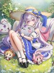  >_< 1girl absurdres alternate_costume aoi_13 black_shoes blue_dress blue_ribbon closed_mouth commentary_request day detached_sleeves dress field flower flower_field frilled_dress frilled_sleeves frills full_body gem grass grey_hair hair_between_eyes hat hat_flower hat_ribbon highres holding holding_stuffed_toy hololive hololive_english jewel_under_eye kaela_kovalskia kaela_kovalskia_(1st_costume) knees_up koseki_bijou light_blush long_hair looking_at_viewer mary_janes on_grass outdoors parted_bangs pebble_(koseki_bijou) puffy_detached_sleeves puffy_short_sleeves puffy_sleeves purple_eyes purple_gemstone purple_hair purple_nails raora_panthera raora_panthera_(1st_costume) ribbon shoes short_sleeves sidelocks sitting sleeveless sleeveless_dress smile socks solo straw_hat stuffed_animal stuffed_toy sun_hat twintails very_long_hair virtual_youtuber waist_ribbon white_flower white_sleeves white_socks wide_brim 