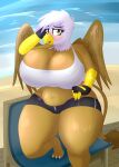  absurd_res anthro avian beach big_breasts bottomwear breasts chest_tuft cleavage clothed clothing coatieyay female friendship_is_magic gilda_(mlp) gryphon hasbro hi_res huge_breasts my_little_pony mythological_avian mythology seaside shorts solo thick_thighs tuft 